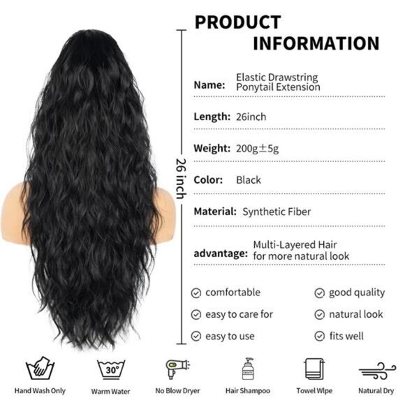 26 inch Black Ponytail Extension, Drawstring Ponytail for Women, Long Wavy Pony - Picture 7 of 7